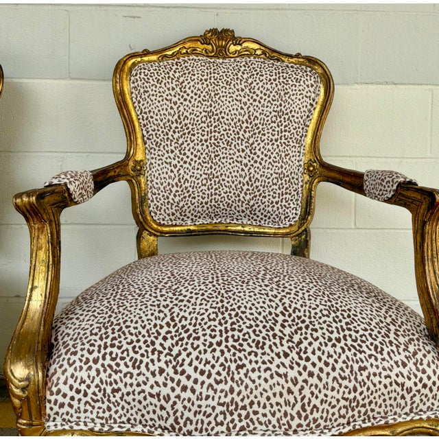 Italian Antique Carved Wood Leopard Print Bergere Chairs Pair For Sale - Image 4 of 10