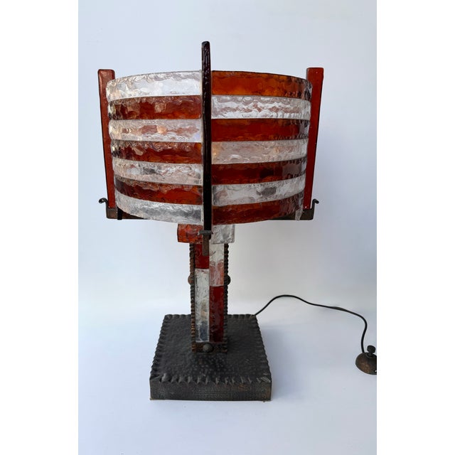 Metal Large Hammered Glass Wrought Iron Lamp by Longobard, Italy, 1970s For Sale - Image 7 of 12