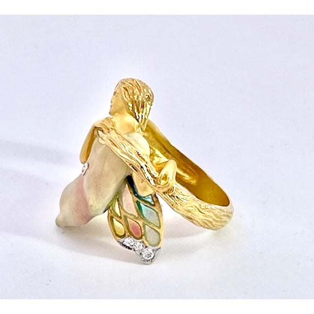 Art Nouveau 1980s Masreira Mermaid Enamel Ring 18k, Size 6 For Sale - Image 3 of 12
