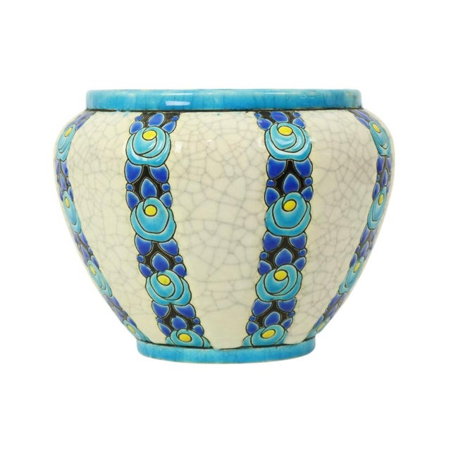 Beautiful and rare antique enameled flowerpot from the Art Deco period, designed by Charles Catteau for Boch Keramis,...