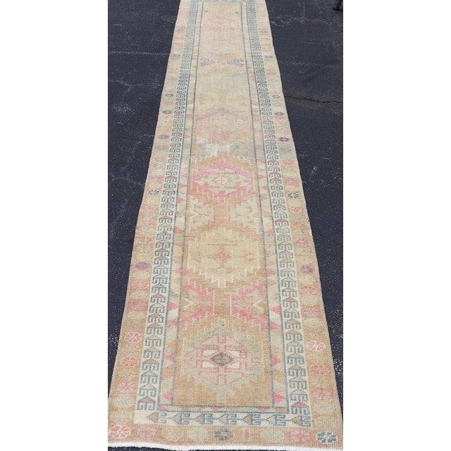 Turkish Oushak Runner in Soft Taupe With Faded Rose, Pale Blue, and Cream Accent For Sale - Image 4 of 12