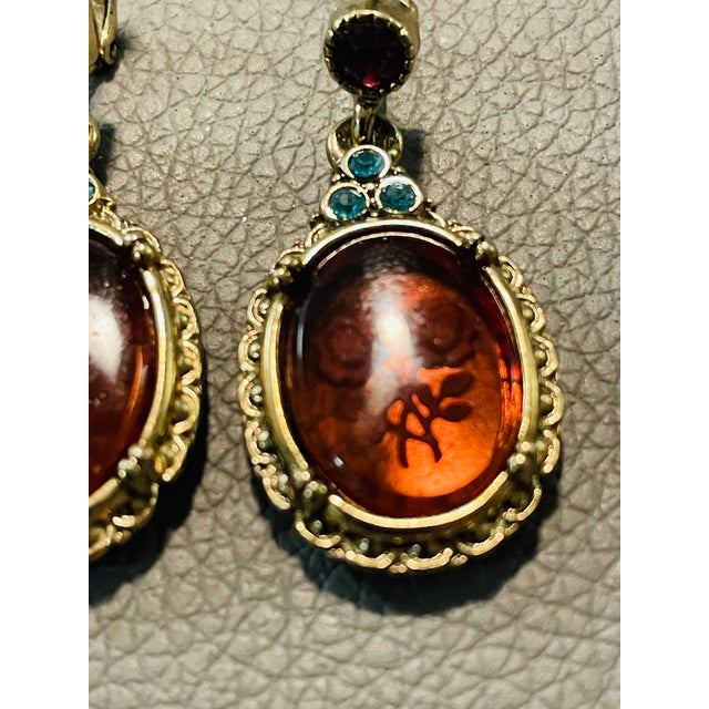 Art Nouveau Vintage Art Nouveau Style Etched Floral Amber Dangle Earrings, A Pair For Sale - Image 3 of 10