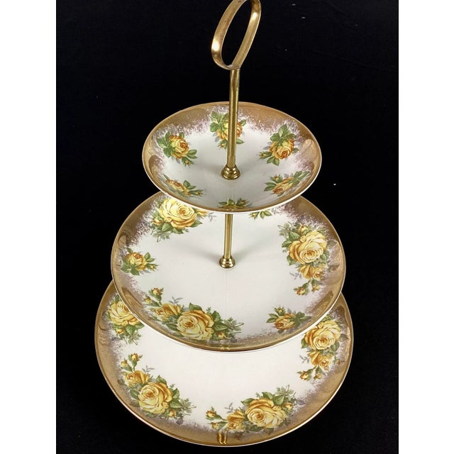 J.H.W. & Sons -Hanley England-Royal falcon-three tier cake stand White China decorated with yellow roses and gold trim...