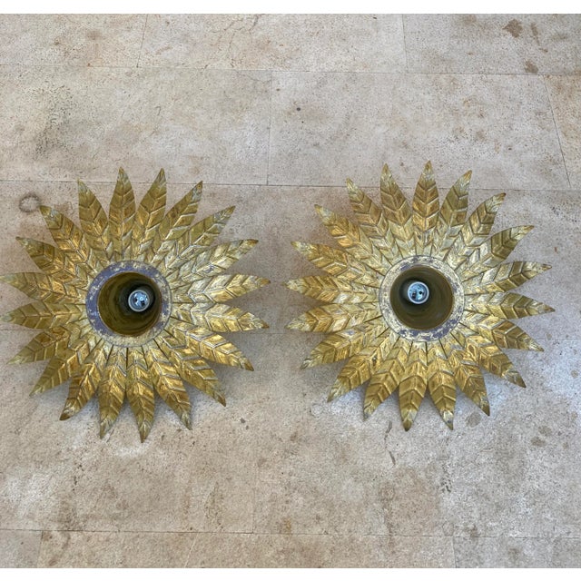 Mid-Century Spanish Sunburst Ceiling Light Fixtures or Wall Sconces in Gilded Wrought Iron, 1960s, Set of 2 For Sale - Image 6 of 9