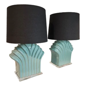 A Pair of 80's Postmodern Seafoam Green Ceramic Glazed Table Lamps With Lucite Bases