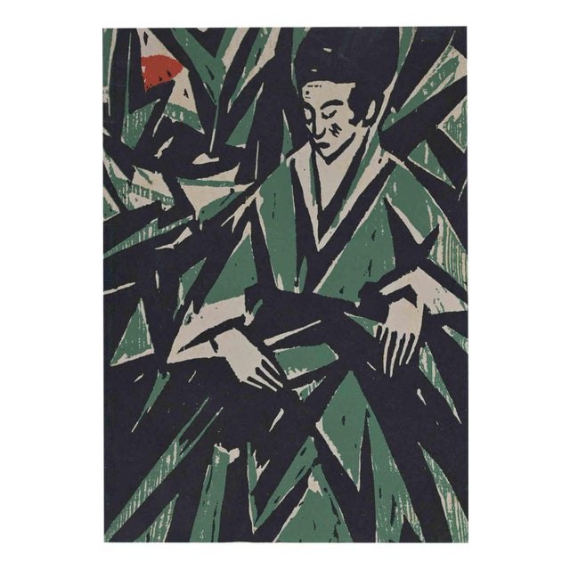 Otto Lange, Woman in Green, Woodcut, 1916 For Sale