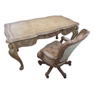 1970s Maitland-Smith French Louis XV Style Leather Top Writing Desk With Tufted Chair - Set of 2 For Sale