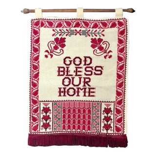 Late 20th Century Handmade Fringed Hanging Tapestry, "God Bless Our House" For Sale