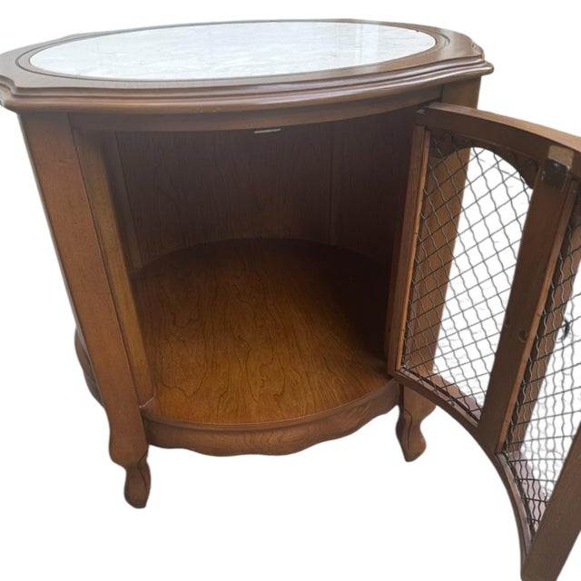 1950s Set of Walnut French Provincial Round Cabinets With Inlaid Marble Tops For Sale - Image 9 of 11