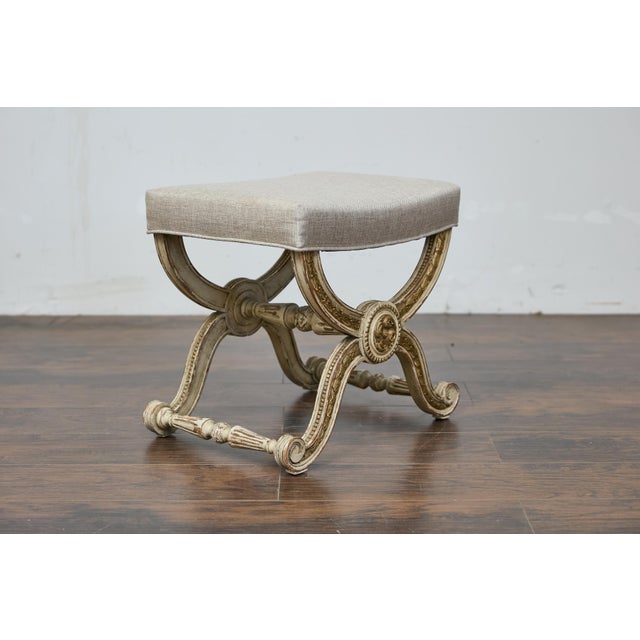 French Empire Style Curule Stool with Gilded Accents and Linen Upholstery For Sale - Image 11 of 12