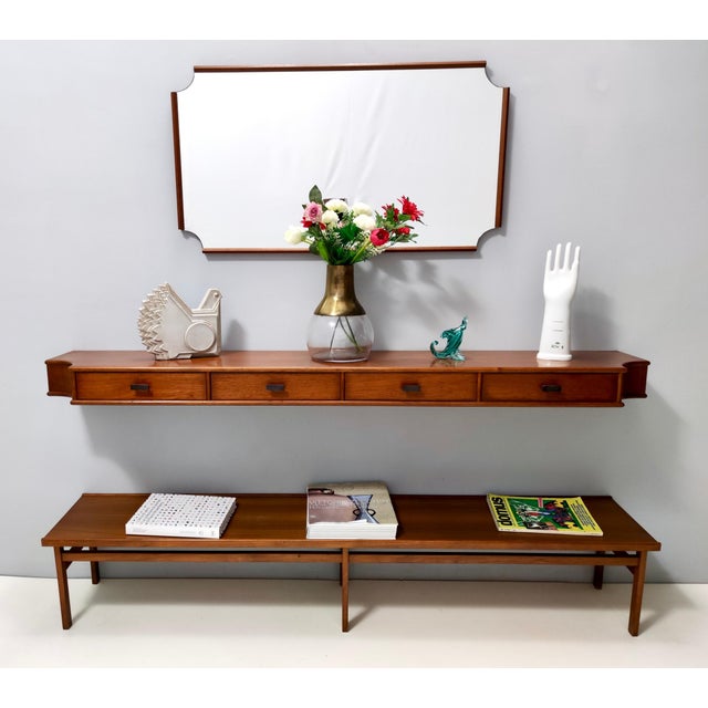 Vintage Entryway Set of Wall Mirror, Walnut Console and Bench, Italy, 1959, Set of 3 For Sale - Image 4 of 18