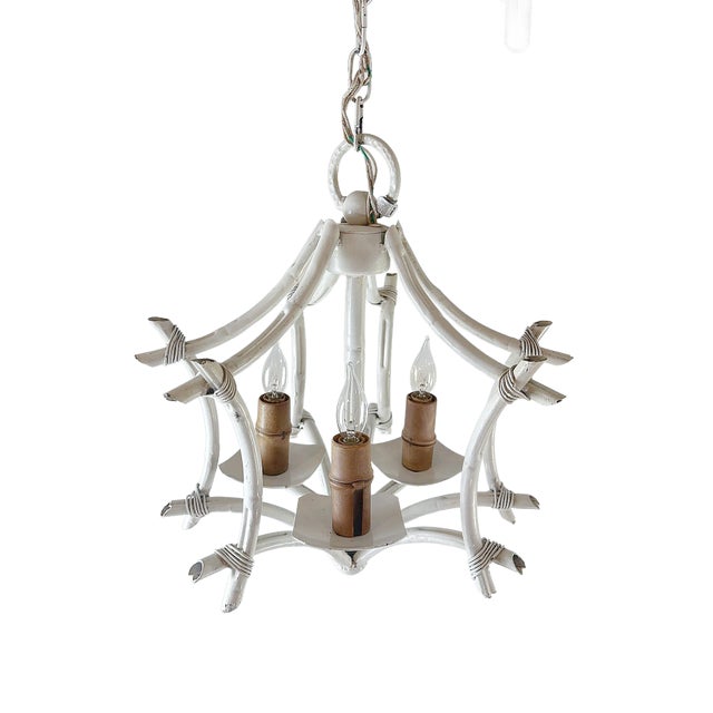 1970's Faux Bamboo White Pagoda Tole Chandelier For Sale