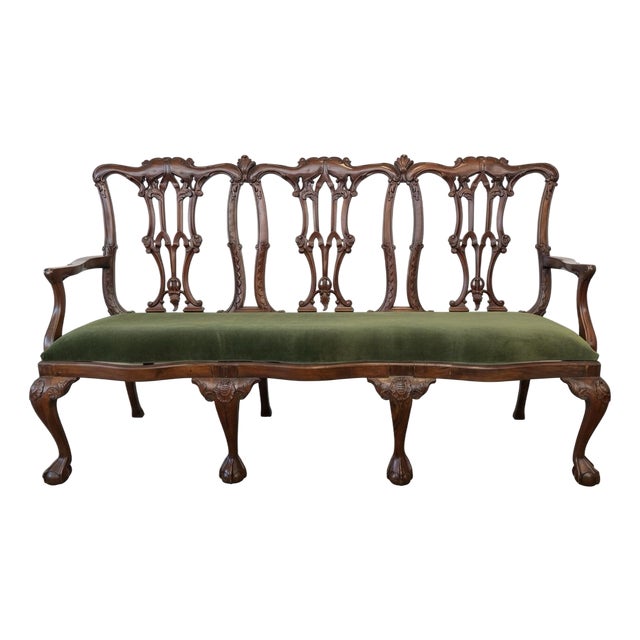 Antique Chippendale Carved Mahogany Bench Settee With Upholstered Seat in British Racing Green Velvet For Sale