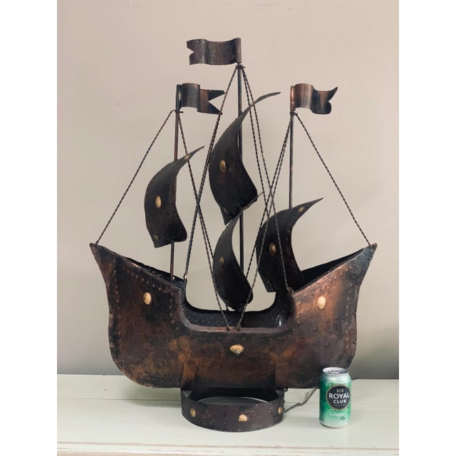 Metal Vintage Brutalist Wrought Metal Pirate Ship Lamp For Sale - Image 7 of 8