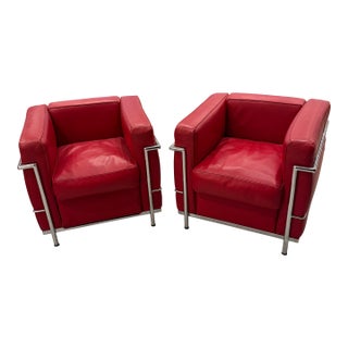 Chrome and Red Leather Club Chairs in the Style of Le Corbusier - A Pair For Sale