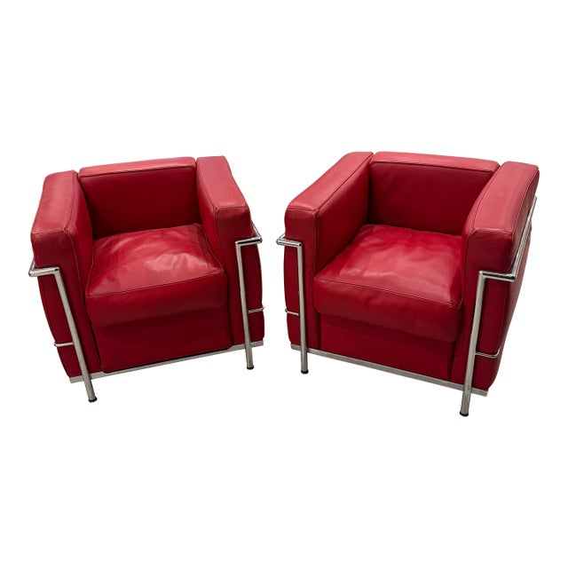 Chrome and Red Leather Club Chairs in the Style of Le Corbusier - A Pair For Sale