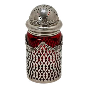 Outstanding Antique American Sterling Silver & Pigeon Blood Red Art Glass Sugar Shaker - Muffineer Circa 1890s