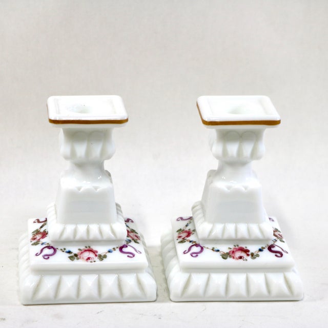 Victorian Mid-20th Century Westmoreland Hand-Painted Milk Glass "Roses & Bows" Candlestick Holders - A Pair For Sale - Image 3 of 10
