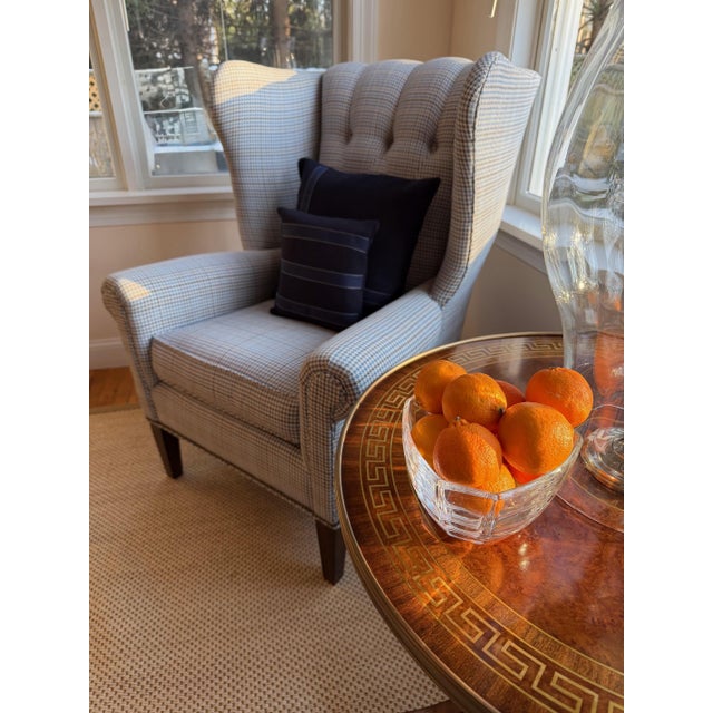 Wood Custom Tufted Navy Blue, Gray, Light Blue Hounds-Tooth Wingback Chair in Schumacher For Sale - Image 7 of 18