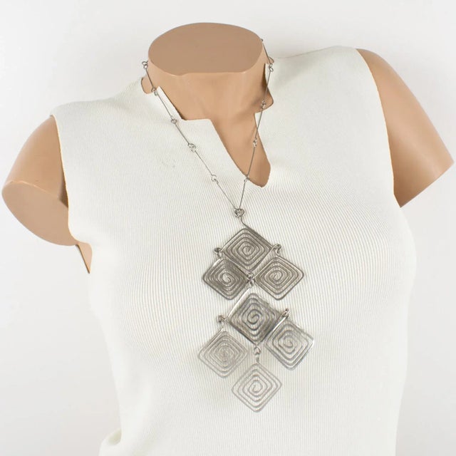 Contemporary Mid Century Space Age Chrome Modernist Wire Necklace With Geometric Pendant For Sale - Image 3 of 8