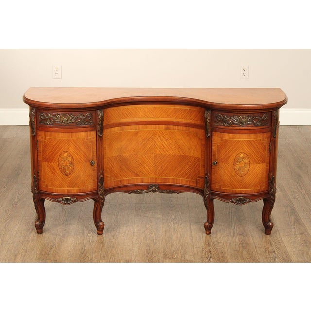 High Quality Vintage Satinwood Vanity or Dressing Table with Frieze-Carved Drawers Above Bookmatched and Inlaid Doors...