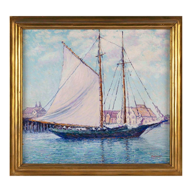 Lillian Burk Meeser, 1864-1942 "Schooner Hindu Headed Out", Housed in a Period Newcomb-Macklin Frame. Oil on Canvas, For Sale