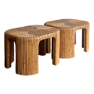 Vintage Boho Bent Rattan Side Tables - A Pair For Sale