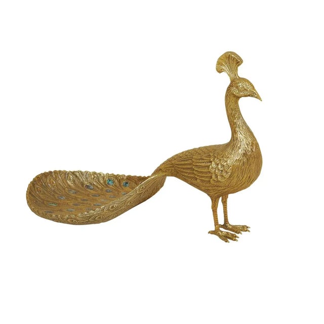 Soft Finished Cast Brass Peacock Dish with Paua Shell Inlaid Accents
