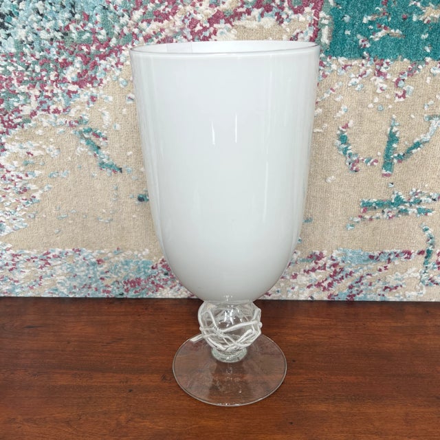 White Glass Vase With a Silicon Design on Pedestal. Created in Italy.