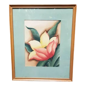 Framed Airbrush on Paper Hibiscus Tropical Floral by Jane Boyd, 1948