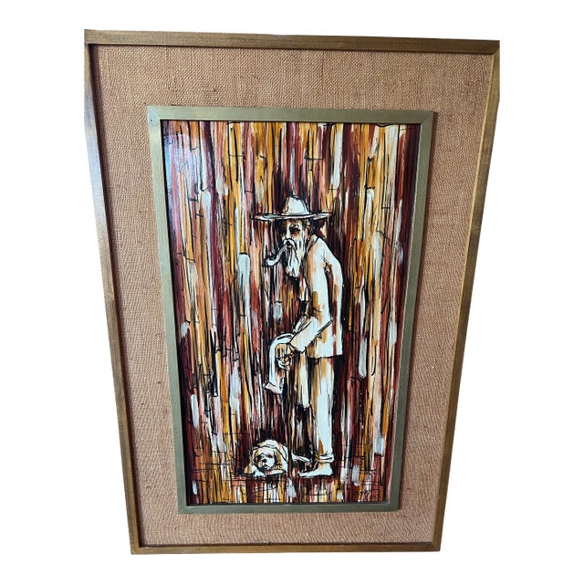 1960s Mid-Century Modern Figurative Painting of Man and Dog, Signed Genet R For Sale