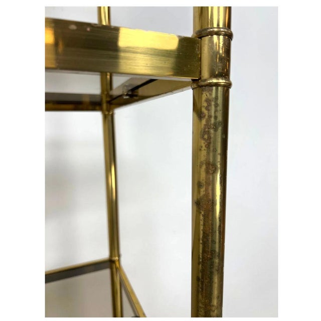 Billy Baldwin Pair of Billy Baldwin Style Brass Etageres With Smoked Glass Shelves For Sale - Image 4 of 6
