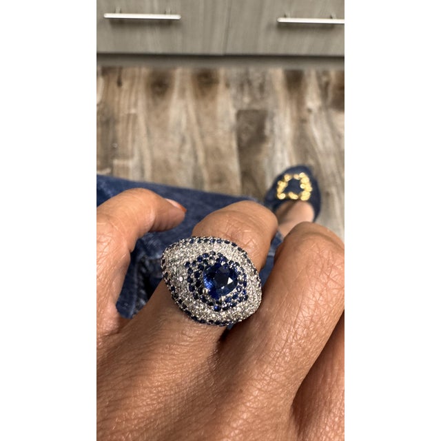 Roshe Jewels, Sapphire Ring With Diamond 18k White Gold Cocktail Ring, Size 7 For Sale - Image 9 of 9