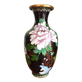 Vintage Chinese Black Cloisonné Enamel Peony & Butterfly Vase, 8" For Sale