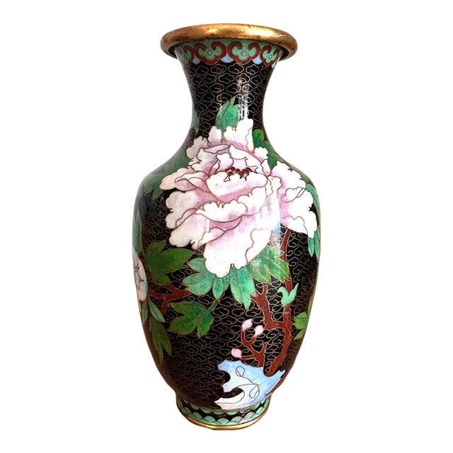 Vintage Chinese Black Cloisonné Enamel Peony & Butterfly Vase, 8" For Sale