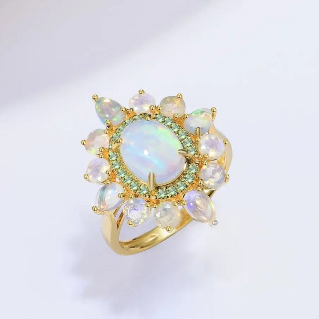 Metal Kai Opal Tsavorite Cocktail Ring in 14k Solid Gold, size 5 For Sale - Image 7 of 12