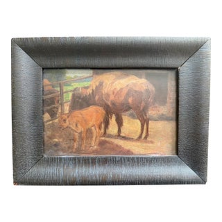 1900s Oil Painting on Wood Buffalo & Calf by Karl Appel 1866-1937 Pietro Del Vecchio With Wax Stamp For Sale