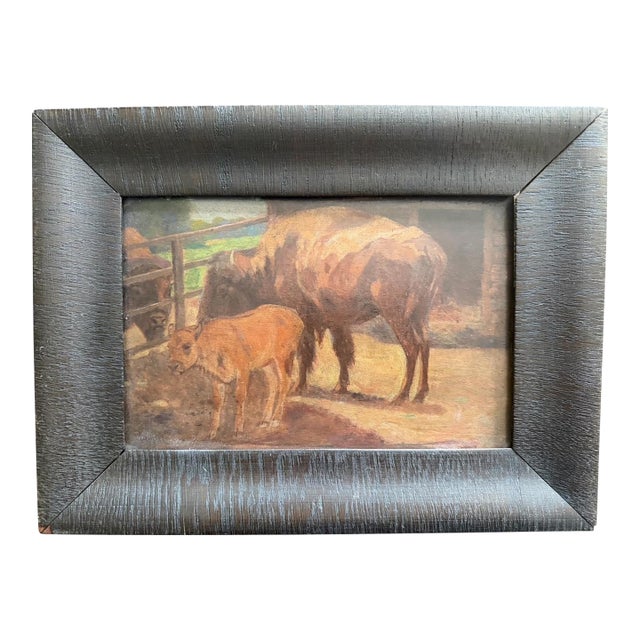 1900s Oil Painting on Wood Buffalo & Calf by Karl Appel 1866-1937 Pietro Del Vecchio With Wax Stamp For Sale