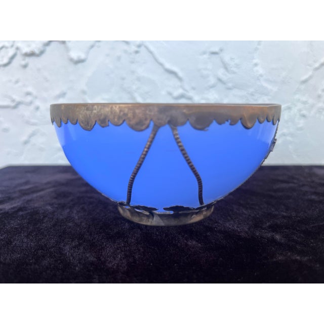 Antique Chinese Blue Peking Glass Bowl With Signed Ornate Metal Mount For Sale - Image 4 of 8