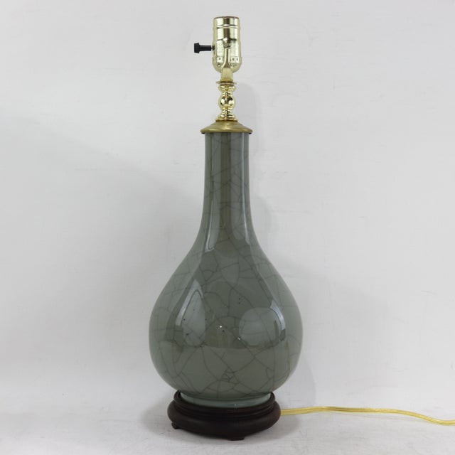 Chinese Vintage Celadon Crackle Glaze Porcelain Table Lamp Bottle Vase With Rosewood Base For Sale - Image 3 of 12