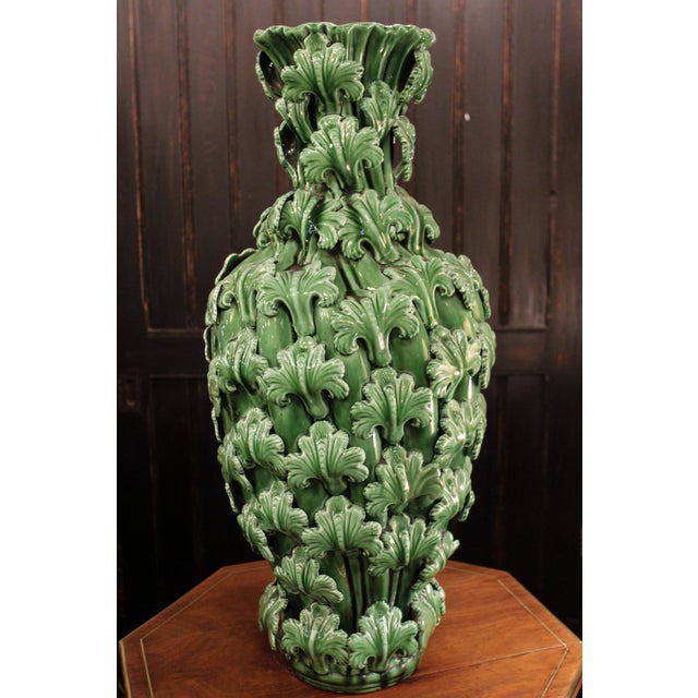 Green Green Vase with Leaf Decoration from Manises, 1950s For Sale - Image 8 of 8