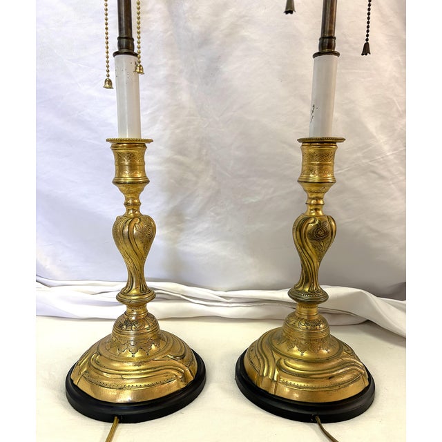Antique French Art Nouveau Embossed Brass Candlestick Lamps- A Pair For Sale - Image 13 of 18