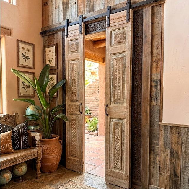 Wood Antique Hand-Carved Floral French Doors – Rustic Double Doors, Hinged or Sliding Barn Style 80x28 For Sale - Image 7 of 7