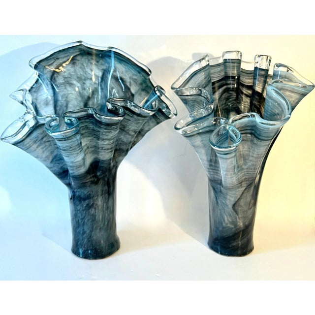 Glass Pair of Hand Blown Smoky Gray Italian Murano Glass Freeform Ruffle Vases For Sale - Image 7 of 11