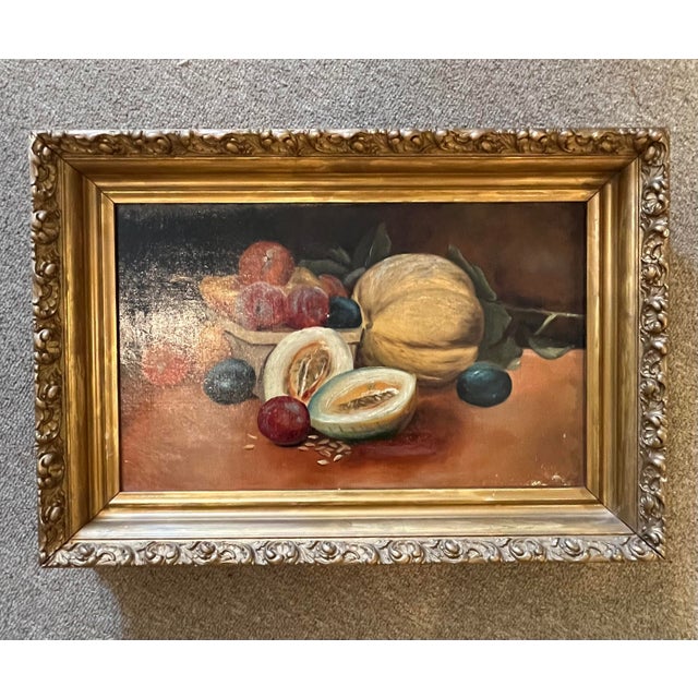 Late 19th century still life painting of fruit in original gilt wood carved frame. Excellent condition.