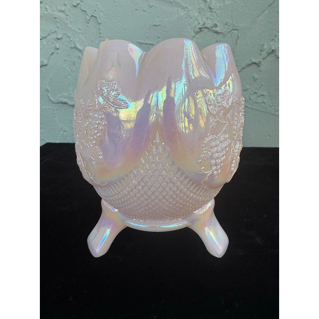 1960s Vintage Fenton Pink Opalescent Carnival Glass Three-Footed Grape & Vine Rose Bowl For Sale - Image 5 of 11