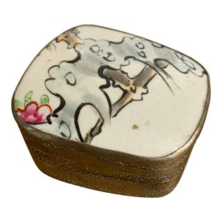 Vintage Chinese Porcelain Shard & Repousse Nickel Silver Trinket Box For Sale