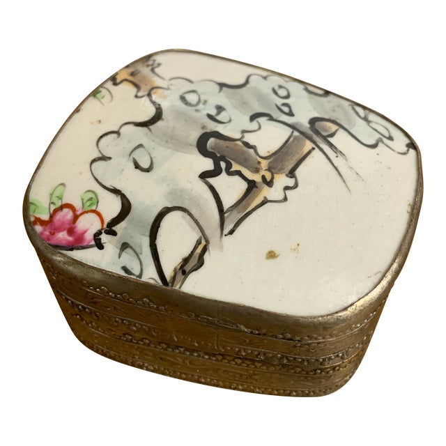 Vintage Chinese Porcelain Shard & Repousse Nickel Silver Trinket Box For Sale