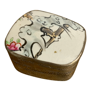 Vintage Chinese Porcelain Shard & Repousse Nickel Silver Trinket Box