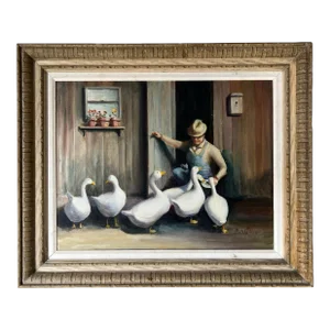 Vintage Batcheldos Farm Scene of a Man With Ducks Oil Painting, Framed